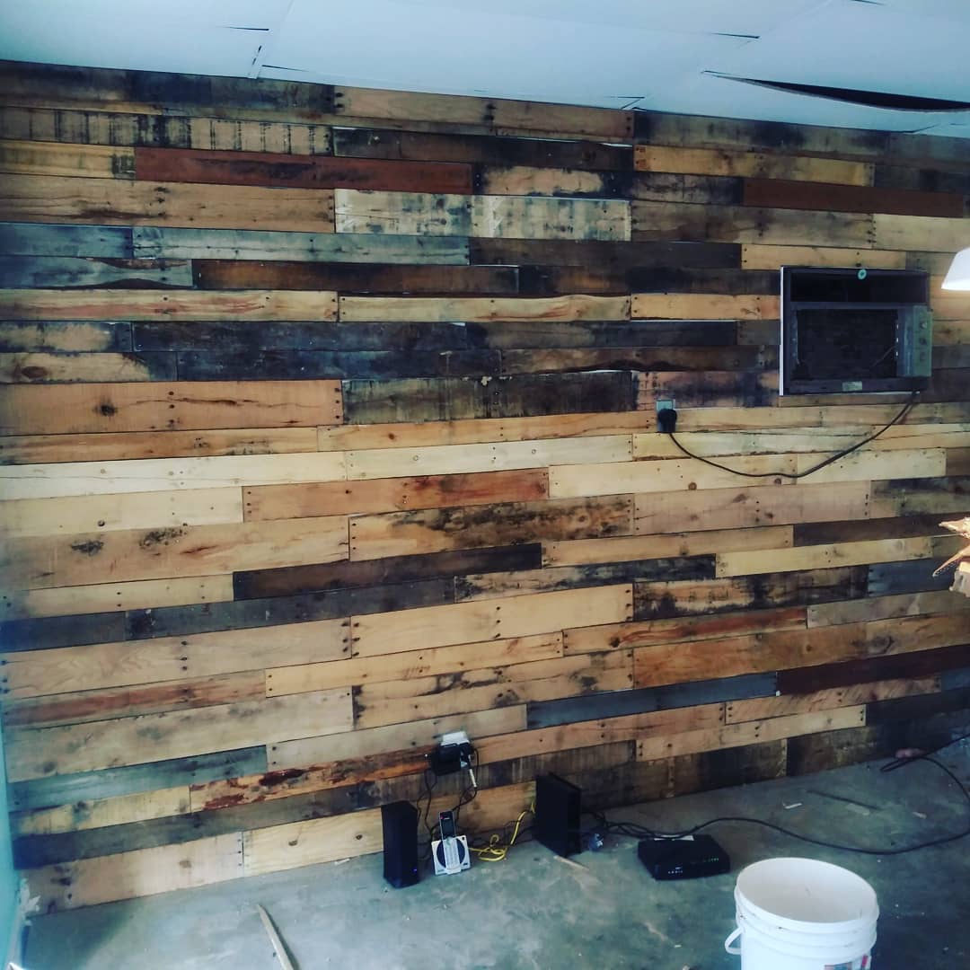 Wood pallet wall.